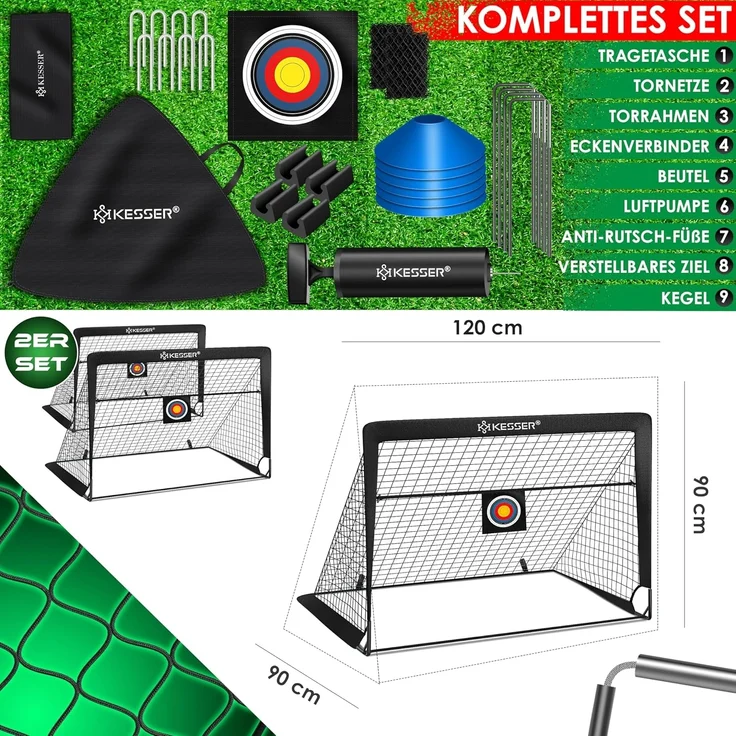 KESSER Pop-Up Fußballtor, 2er Set, mit Transporttasche, 6x Hütchen, Ballpumpe & Zielscheibe, Glasfaserstangen, 120x90 cm, Schwarz – Bild 3