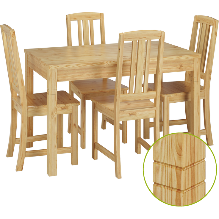 Vollholz-Essgruppe mit Tisch und 4 Stühle Kiefer Massivholz natur 90.70-51 B-Set 22