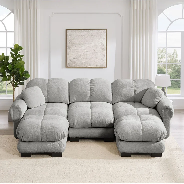 U-förmiges Sofa aus Chenille mit Steppdesign, flexible Module, 260x149x90 cm, Hellgrau – Bild 2