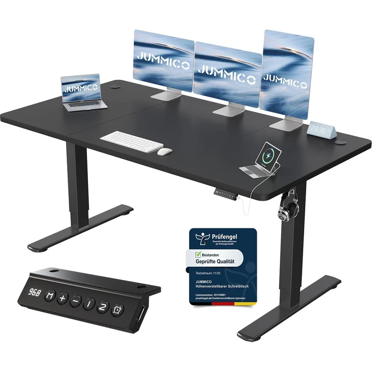 JUMMICO Schreibtisch elektrisch höhenverstellbar mit USB-Ladeanschluss, Schwarz, 160x70 cm