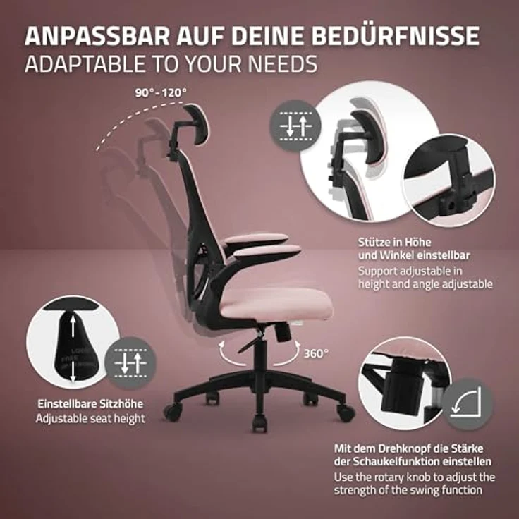 ML-DESIGN Schreibtischstuhl Pink, Ergonomischer Drehstuhl mit Netzrücken, 1-Sitzer, 60.5x121x60 cm, für das Arbeitszimmer – Bild 5