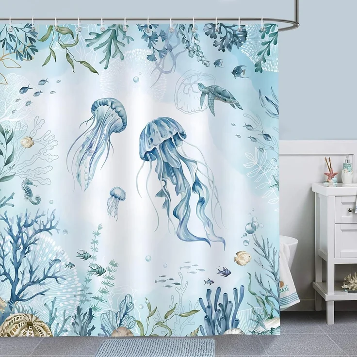 Duschvorhang Qualle Blau Ozean Meeresschildkröte 180x180 Anti-Schimmel Polyester – Bild 1
