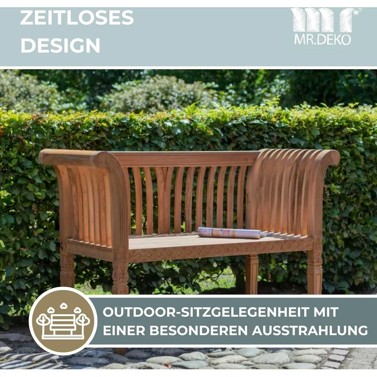 MR. DEKO Gartenbank Newport – Teakholz Bank 120 cm, geschnitzt, mediterran (2-Sitzer Bank, zerlegt geliefert, ideal für Terrasse, 1-St), Massive Sitzbank Garten und Balkon, 250 kg belastbar – Bild 3
