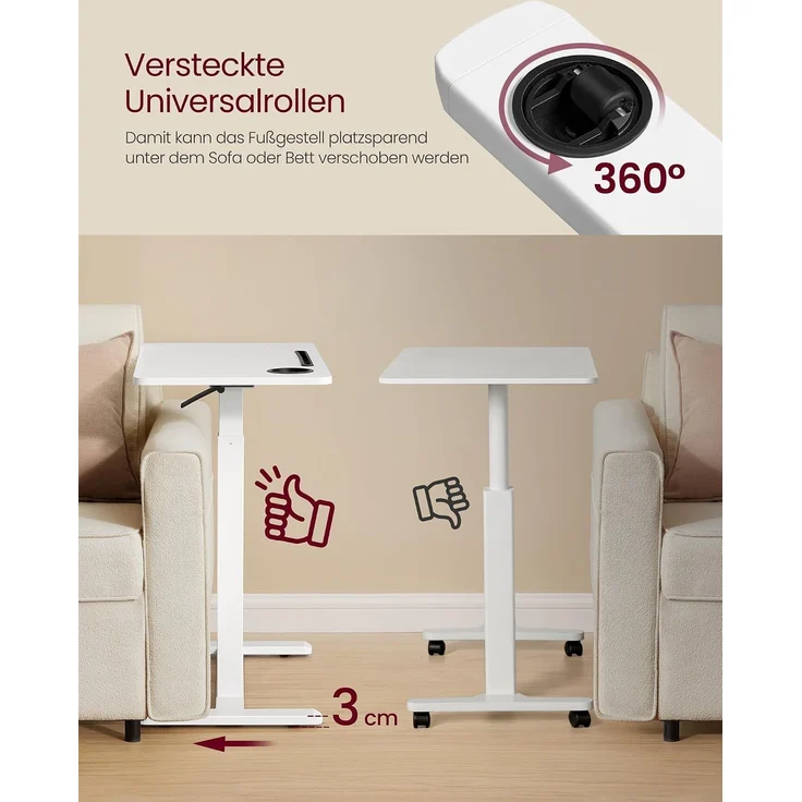 VASAGLE Beistelltisch mit Rollen, mobiler Stehtisch, 80 x 45 cm große Tischplatte, verstellbare Höhe, 2 Getränkehalter, Schlitz für Handy oder Tablet, wolkenweiß – Bild 5