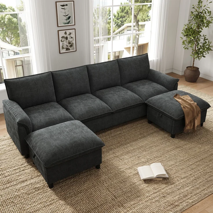 ZUBALIYA Ecksofa 64x46.5 cm, mit Stauraum, mit Ablageflächen, mit Chenille - Bezug, mit breiten Armlehnen, Schwarz – Bild 9
