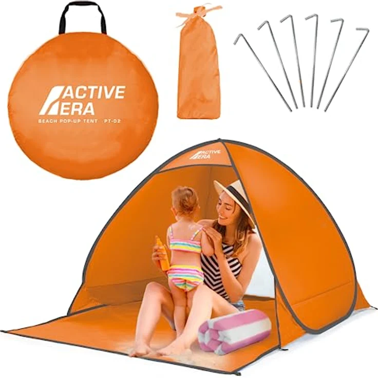 Active Era Pop Up Strandmuschel mit UV Schutz, UPF 50+ Strandzelt, Windschutz Strand, Zelt für 2-3 Personen inkl. Tragetasche und Heringe - Orange – Bild 1