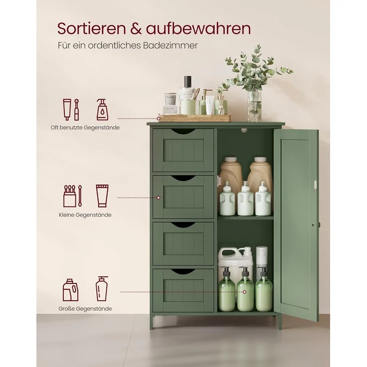 VASAGLE Badezimmerschrank, schmaler Badschrank, Beistellschrank, Kommode, mit 4 Schubladen, Schranktür, verstellbare Ablage, 30 x 55 x 82 cm, waldgrün LHC041C01 – Bild 4