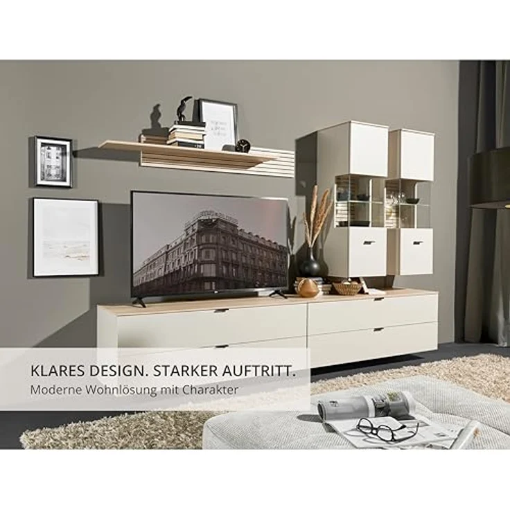 Stella Trading INA Wohnwand Komplett-Set in Kaschmir, Riva Eiche Optik FSC-Zertifiziert - Moderne Schrankwand 5-teilig mit LED-Beleuchtung für Ihr Wohnzimmer - 280 x 185 x 44 cm (B/H/T) – Bild 6