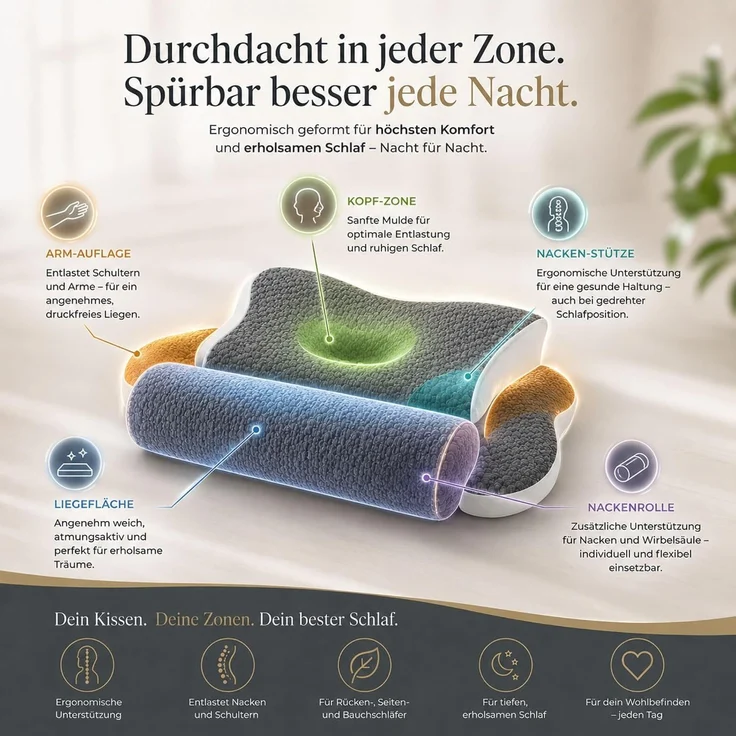 EXKLUSIV HEIMTEXTIL Ergonomisches Nackenstützkissen für Rücken, Seiten & Bauchschläfer - Memory Foam - hautfreundlicher Bambus Bezug - OEKO TEX® zertifiziert - 2in1 Funktion – Bild 3