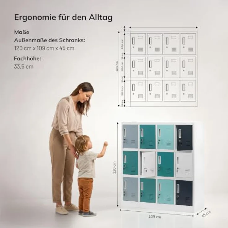 Jan Nowak Metallschrank Schule Kindergarten mit 12 abschließbaren Fächern, Schließfachschrank Stahl, Garderobenschrank Kinder, Kita Spind Hort, 120 x 109 x 45 cm – Bild 3