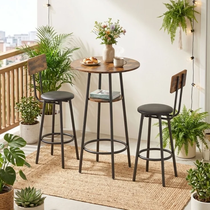 Bartisch-Set 60×60×91 cm für 2 Personen mit Ablage und gepolsterten Barhockern – rustikalbraun – Bild 2