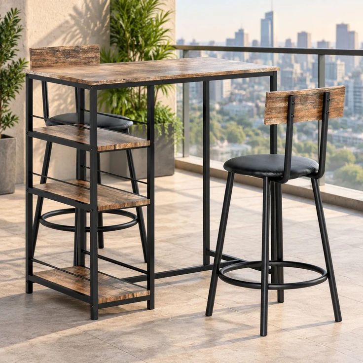 Bartisch-Set 90x50x90,5 cm in Eiche mit Stahlgestell, 2 gepolsterten Barhockern und 3 Ablagen – Bild 3