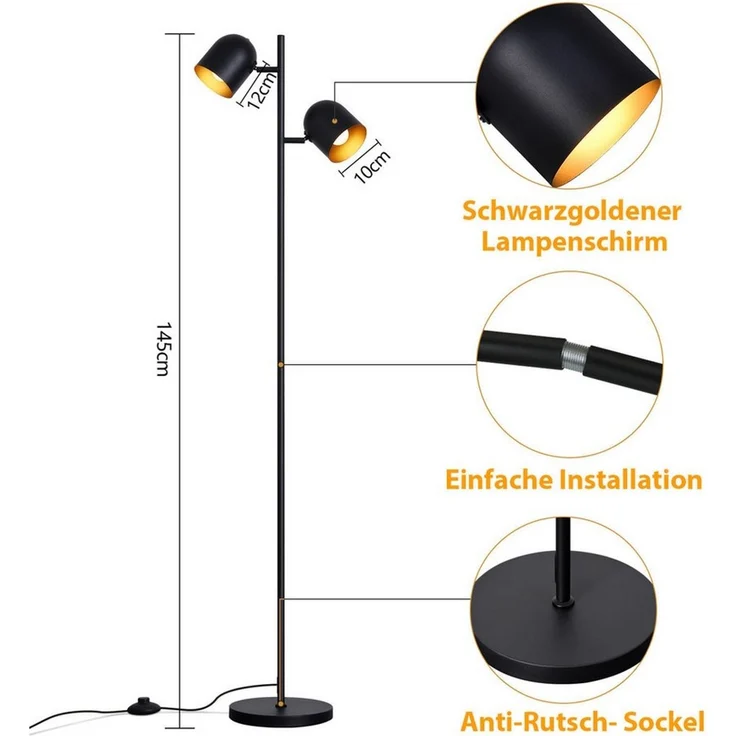 Nettlife Stehlampe Wohnzimmer Schwarz Metall Industrielle Retro Leselampe 2 E14 Fassungen, 350° schwenkbar, ohne Leuchtmittel, Stehleuchte Leselampe Retro für Schlafzimmer Wohnzimmer – Bild 2