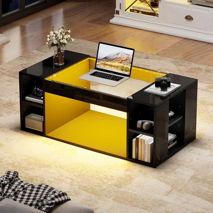 Couchtisch, ausgehöhlter Tisch mit gehärteter Glasplatte, 100x50x40 cm, schwarz, mit LED-Beleuchtung – Bild 4