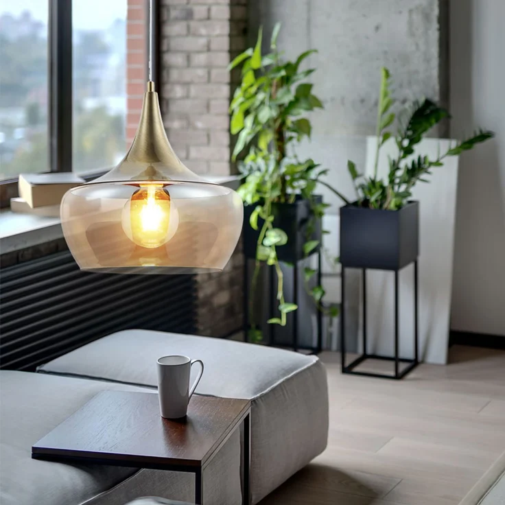 LED Hängeleuchte, messing antik, Glas amberfarben, H 150 cm – Bild 5
