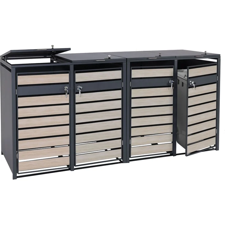 4er Mülltonnenverkleidung HWC-J81, Mülltonnenbox, erweiterbar, Metall 100kg, anthrazit ~ Buche-Holzoptik hellbraun – Bild 1