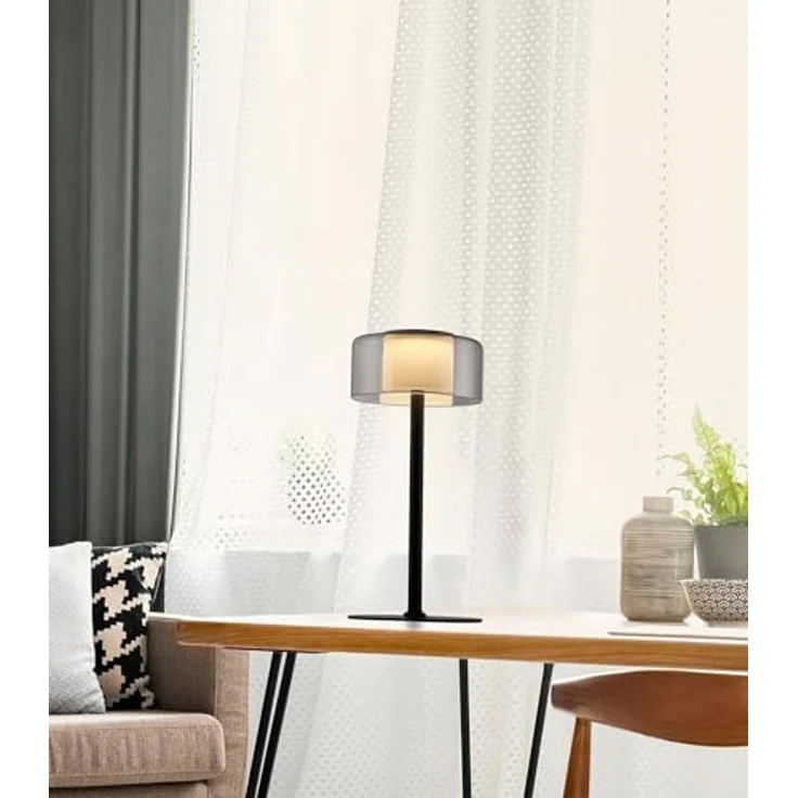 Paul Neuhaus LED Tischleuchte RIKA, Ø 15 x H 33 cm, Rauchfarben, Schwarz, Metall, Dimmfunktion, Memoryfunktion, LED fest integriert, Extra-Warmweiß, Lampenschirm aus Glas, Touch – Bild 5