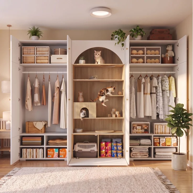 Garderoben-Set 270x50x200 cm mit Kleiderstange, 12 Staufächern und Katzenkletterwand – Bild 3