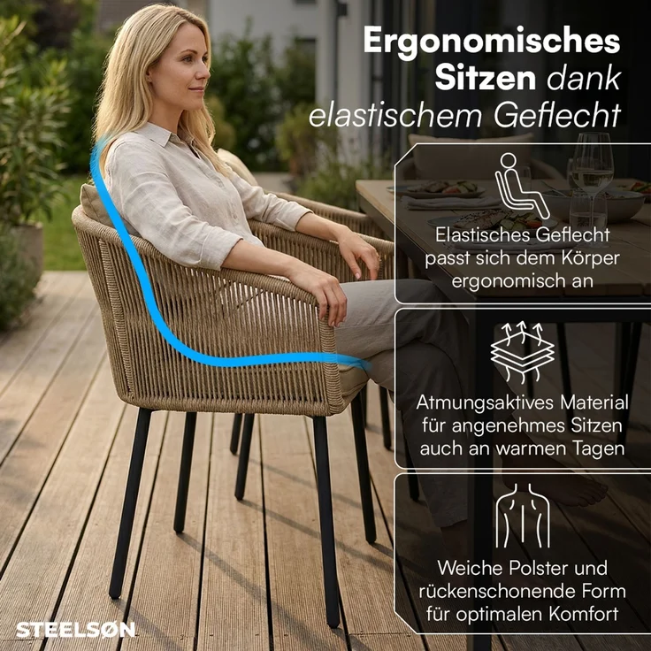STEELSØN 'Nair' Polyrattan Gartenstuhl, 6er-Set, hellbraun, wetterfest & UV-beständig, Balkonstühle bis 160 kg belastbar, Gartensessel inkl. Kissen – Bild 3