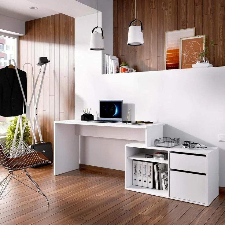 Dmora - Gardena-Schreibtisch, Schreibtisch mit Mehreren Positionen für das Büro oder Schlafzimmer, Mehrzweck-Ecktisch, 139 x 92 x 75 cm, Weiß – Bild 1