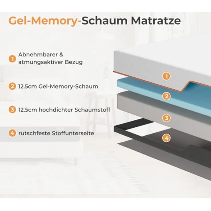 Vesgantti Schaummatratze, ergonomische Matratze Gel-Memoryschaum Matratze mit atmungsaktiver Bezug, Härtegrad H2 & H3 (weiß-25CM, 140 x 200cm) – Bild 3