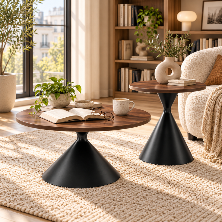 EINHOM 2er-Set Couchtisch & Beistelltisch in Walnussoptik – Runde Wohnzimmertische 70/50 cm, Melamin-Tischplatte, Schwarzes Pulverbeschichtetes Stahlgestell, für Wohnzimmer, Lounge & Café