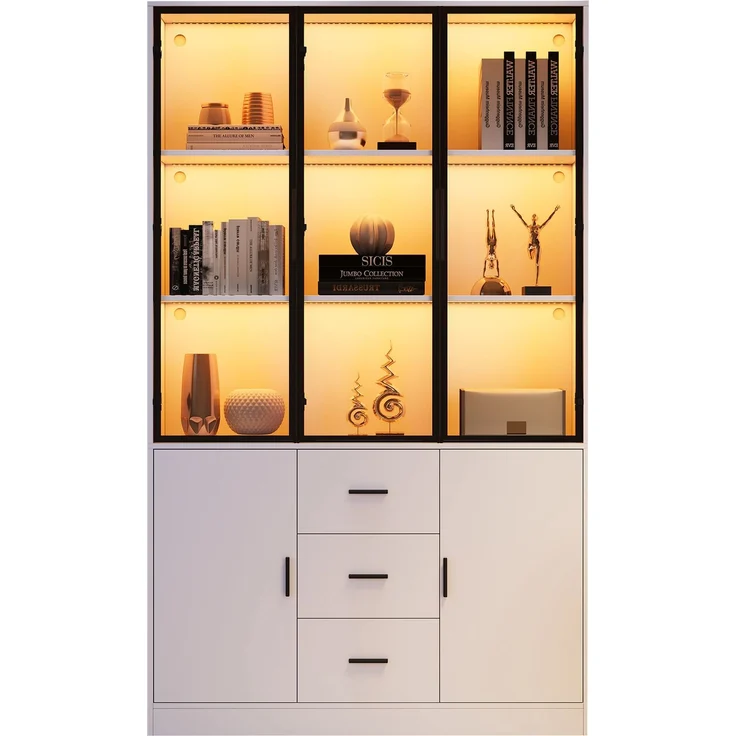 ZUBALIYA Vitrine mit Glasschrank Tür und LED-Licht, Vitrinenschrank Glasvitrine mit MultiStorage Bücherregal, Highboard Sammlervitrine mit Griff, 3 Schubladen & Türen, Wohnzimmerschrank, Weiß – Bild 12