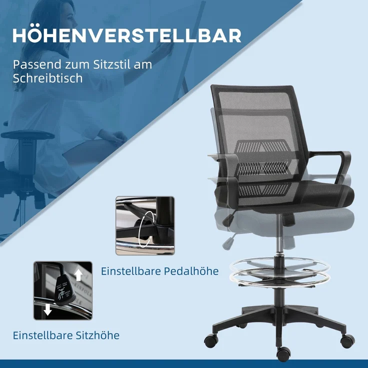 MELAYR, Bürostuhl, Höhenverstellbarer Schreibtischstuhl mit Fußablage, Netz-Rückenlehne, 64 x 59 x 124 cm, Schwarz – Bild 6