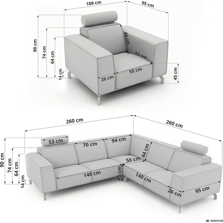 Möbelset 2-teilig, Ecksofa mit Sessel VESANO, Wohnlandschaft, Ecksofa L-Form mit Sessel, HR-Schaum & Wellenfederung, Set mit verstellbaren Kopfstützen - Beige Cord – Bild 7