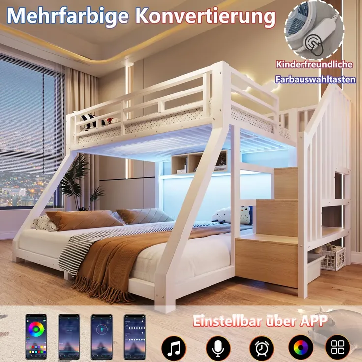 Etagenbett mit 2 Schlafgelegenheiten, Lattenrosten, Regal, Rausfallschutz und LED-Streifen, Treppe mit Regal, 90/140x200 cm, Kinderbett, Metallbett – Bild 4