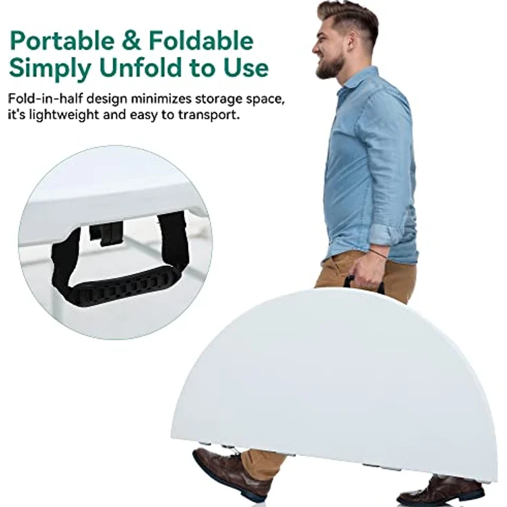 YITAHOME 122cm Runder Klapptisch mit Tragegriff Wetterfest für Outdoor/Indoor, Tragbarer Campingtisch mit Metallrahmen, Kunststoff Gartentisch mit 4cm Tischplatte für Party, Camping, Grill, Weiß – Bild 4
