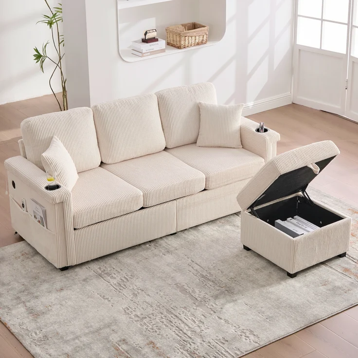 Sofa, Hochwertiges Samtsofa mit LED-Beleuchtung USB-C-Port inklusive Stauraum-Fußteil praktischen Getränkehaltern und Seitentaschen Premium Qualität für Wohnzimmer Schlafzimmer oder Büro, Samt, Beige, – Bild 5