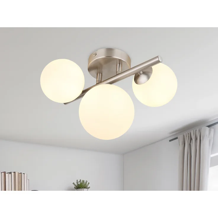 Deckenleuchte RIHA Silber 3-flammig mit Glaskugeln Opalglas Weiß, Breite 28,5cm