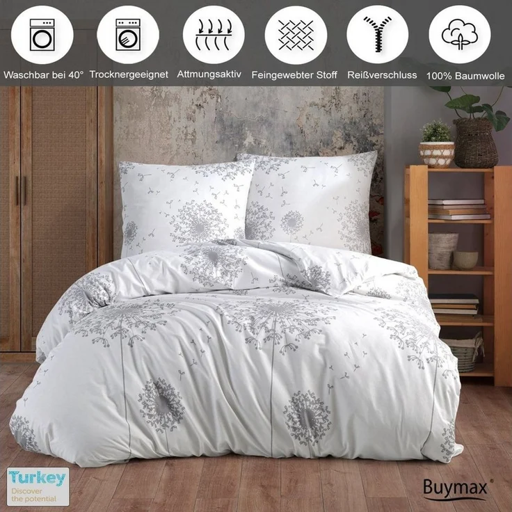 Buymax Bettwäsche Willow, Renforcé: 100% Baumwolle, 4 teilig, 155x220 cm, Bettbezug-Set mit Reißverschluss Blumen Blätter, Weiß Grau – Bild 3