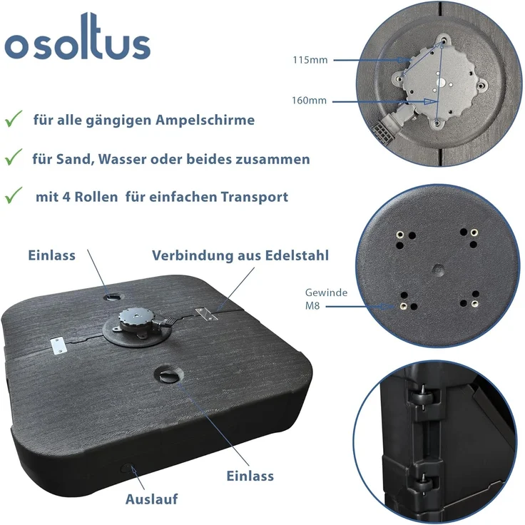 osoltus Schirmständer für Ampelschirm befüllbar mit Wasser Sand 150kg rollbar – Bild 3