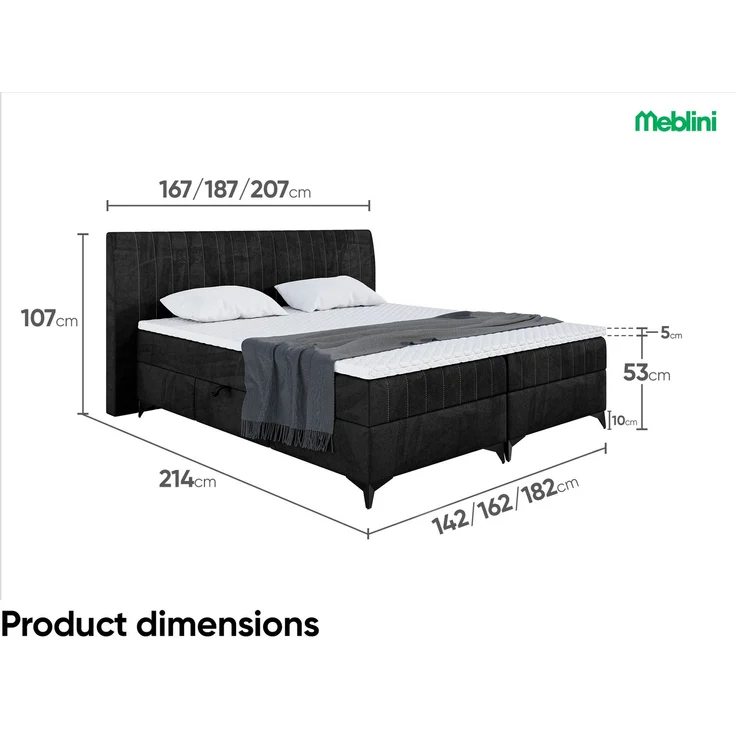 MEBLINI Boxspringbett NANI 180x200cm - H3B/Schwarz Samt - mit Bettkasten - Polsterbett - Doppelbett mit Topper & Bonellfederkern-Matratze – Bild 7