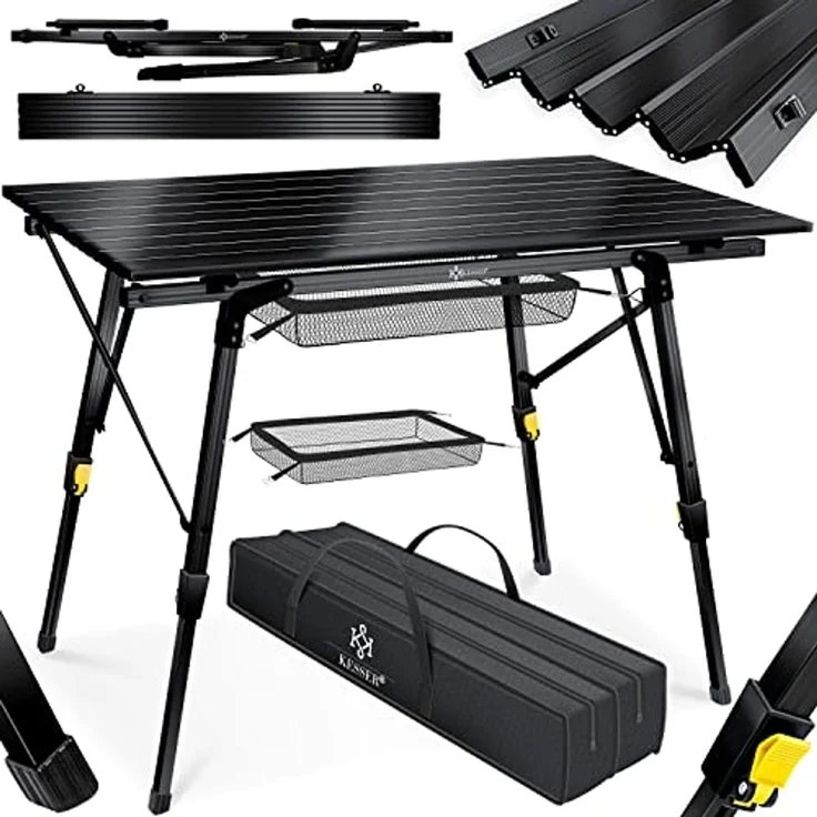 KESSER® Campingtisch faltbar Klapptisch mit Aluminiumrahmen Aufrollbare Tischplatte Falttisch klappbar höhenverstellbar inkl. Tragetasche mit Trageband & Netztasche Schwarz – Bild 1