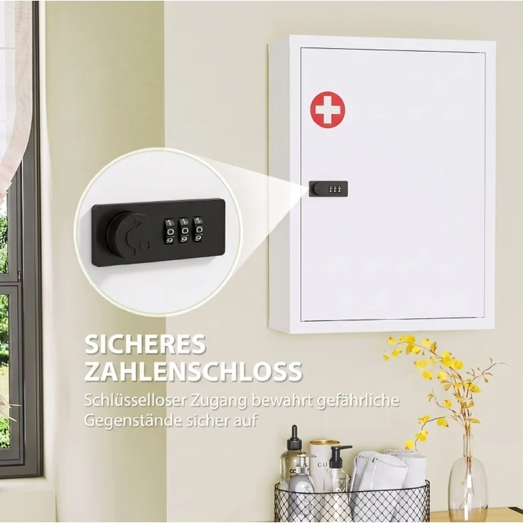 Medizinschrank 40 x 15 x 53,5 cm zur Wandmontage mit Zahlenschloss und drei Stauraumbereichen – Bild 3