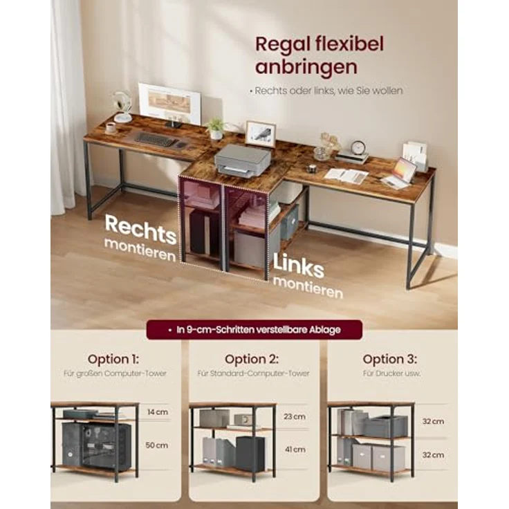 VASAGLE Eckschreibtisch in L-Form, Computertisch mit Stauraum, Bürotisch, höhenverstellbare Ablage, für Homeoffice, 120x80 cm, vintagebraun LWD136KD01 – Bild 6