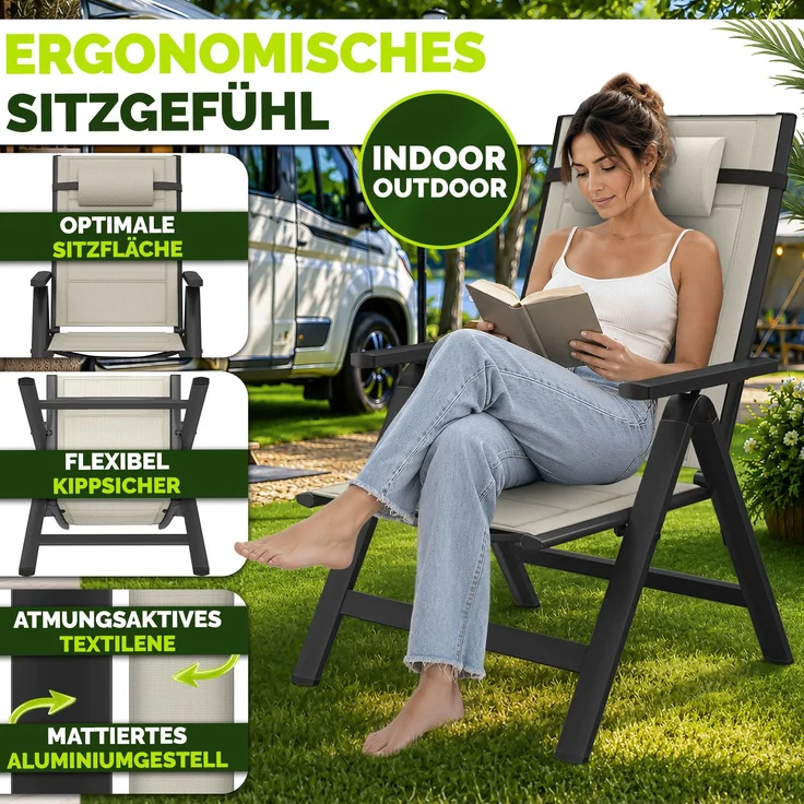 tillvex Gartenstuhl mit Polster Premium 2 Stück Beige klappbar aus Aluminium | Hochlehner mit Armlehnen | Klappstuhl verstellbar | Klappsessel Balkon Garten Terrasse – Bild 5