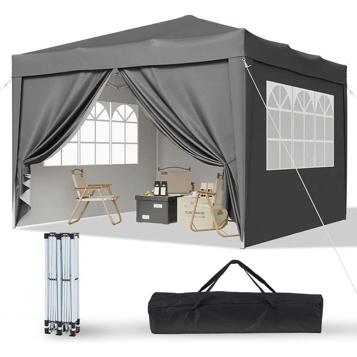 Aoxun Pop Up Pavillon 3x3 Wasserdicht mit 4 Seitenwänden, Metallrahmen-Schutzzelt, Höhe Verstellbar, 3mx3m Faltpavillon mit Tragetasche für Camping Party, Grau – Bild 1