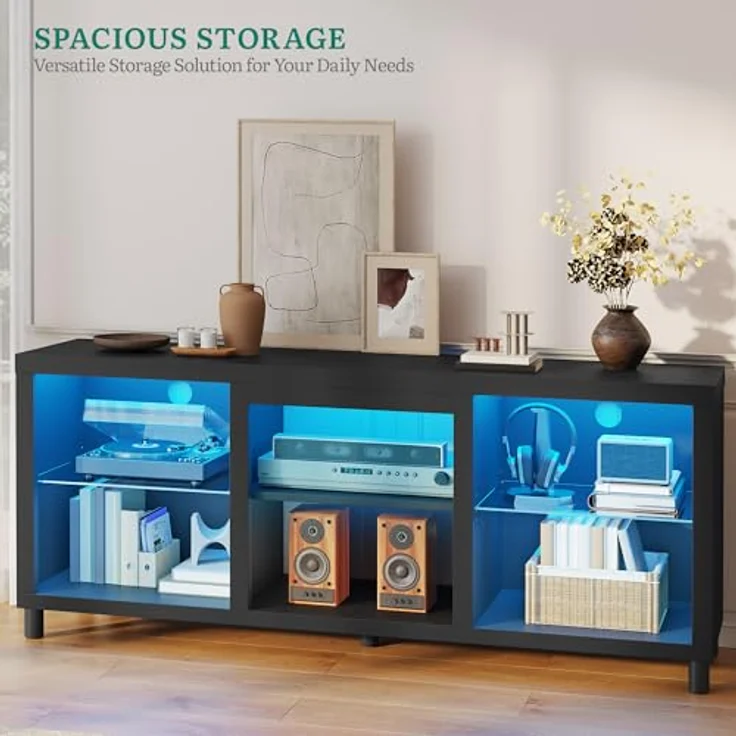 YITAHOME TV Schrank, Lowboard für 65 Zoll & kleinere TVs mit RGB LED-Beleuchtung, 148cm TV Board mit verstellbaren Glasböden, integriertes Kabelmanagement, Fernsehtisch für Wohnzimmer (Schwarz) – Bild 5