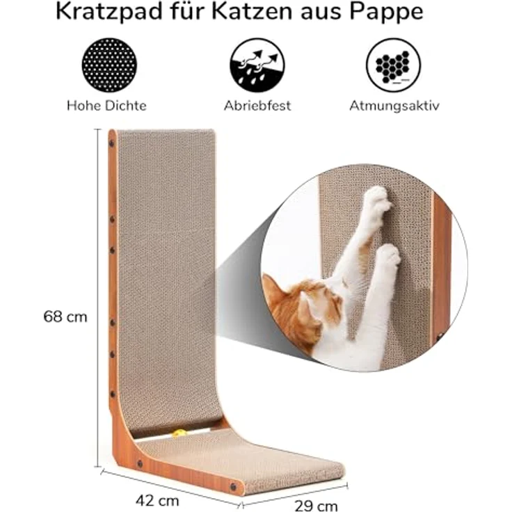 FUKUMARU Kratzbrett Katzen, 68 cm hoch L-förmige Kratzpappe aus vertikalem Karton, widerstandsfähig Katzenkratzbrett mit Ballspielzeug, Farbe Nussbaum – Bild 4