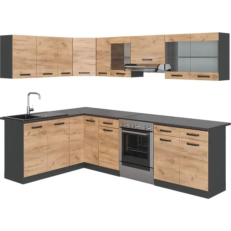 Eckküche Rick Goldkraft Eiche/Anthrazit 270 x 60 cm , AP Schwarz Vicco