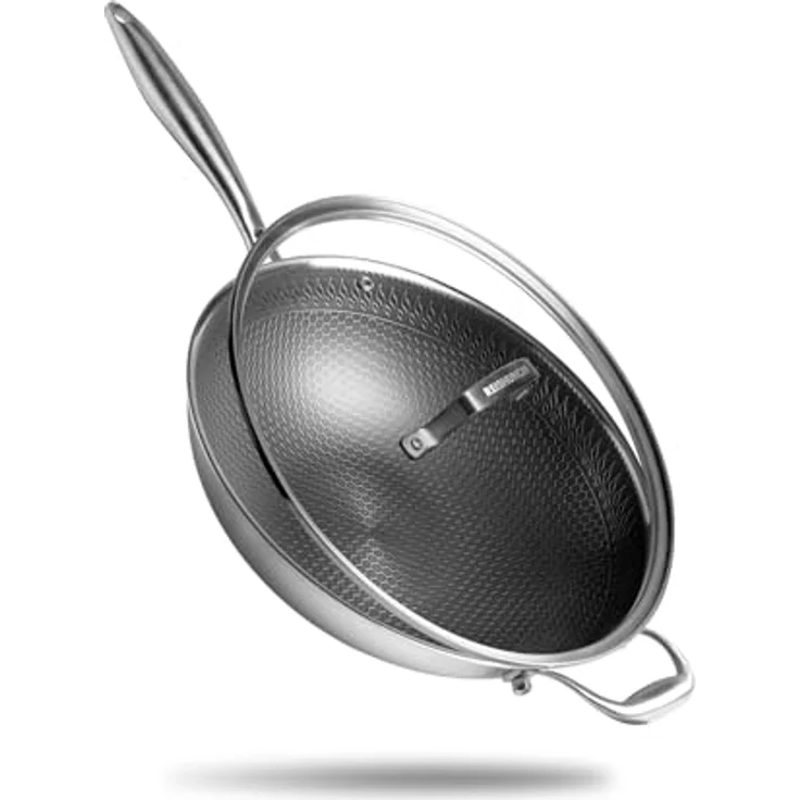 Reishunger Premium Wok aus Edelstahl | 32 cm Durchmesser | Mit Glasdeckel | Für alle Herdarten, Induktionsgeeignet | Wabenstruktur mit Antihaftbeschichtung | Spülmaschinengeeignet, Ofenfest – Bild 2