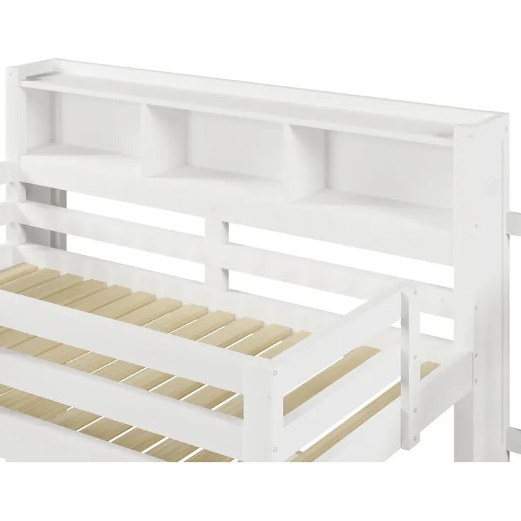 Hochbett mit RGB LED-Streifen, Stauraum, Lattenrost, Rausfallschutz und Regal, Treppe mit Regal, 90x200 cm, Kinderbett, Einzelbett, Kiefer – Bild 10