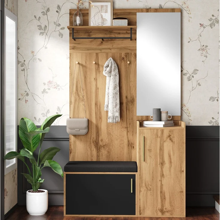 DESVIAE Garderobenschrank mit Spiegel, Sitzbank und Schuhschrank 100x185x38 cm Spanplatte Natur/Schwarz – Bild 3