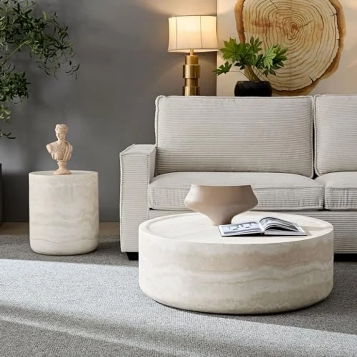 NJLyuhome Couchtisch Zylindrischer Beistelltisch & Wohnzimmertisch, 40 x 40 x 45,5 cm (1-St), Wunderschöner Travertin-Look aus strapazierfähigem Glasfaserbeton – Bild 2