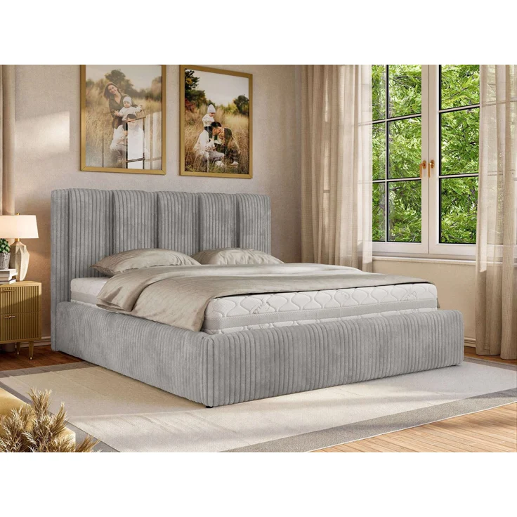 Polsterbett SAVINO CLASSIC mit Bettkasten und Lattenrost Doppelbett 180 x 200 cm mit hohem Kopfteil Stauraumbett Bett mit Gasdruckfeder - Hellgrau Cord - Foam Matratze - MIRO LUX – Bild 1