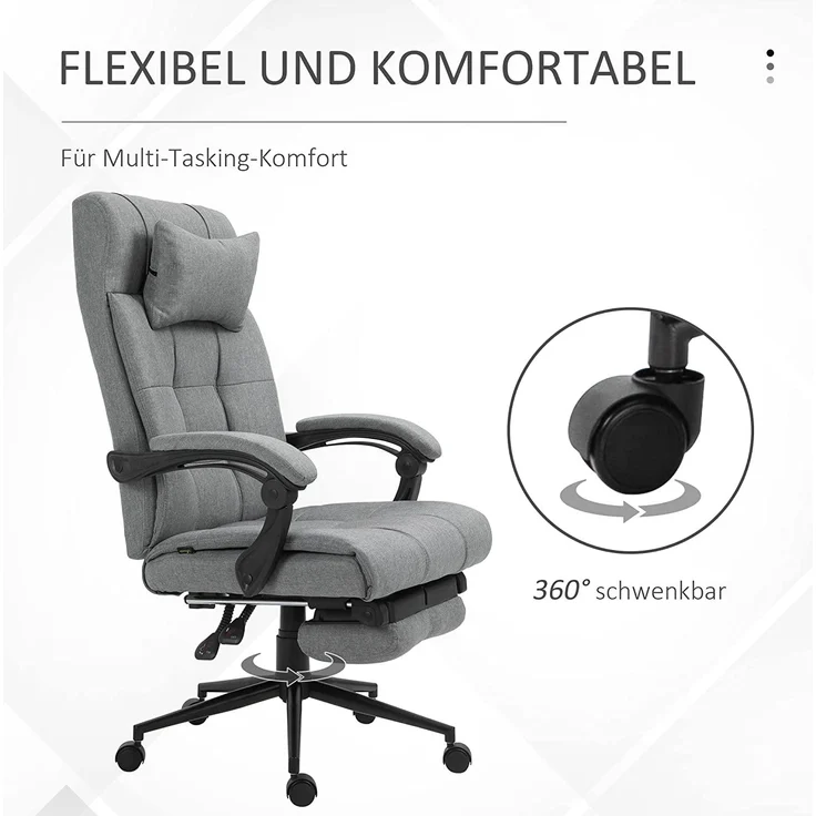 Vinsetto Bürostuhl mit Kopfkissen Armlehne Schreibtischstuhl mit Neigungswinkel Höhenverstellbarer Drehstuhl mit Fußstütze Leinen Schaumstoff PVC Hellgrau 66 x 70 x 116-124 cm – Bild 6